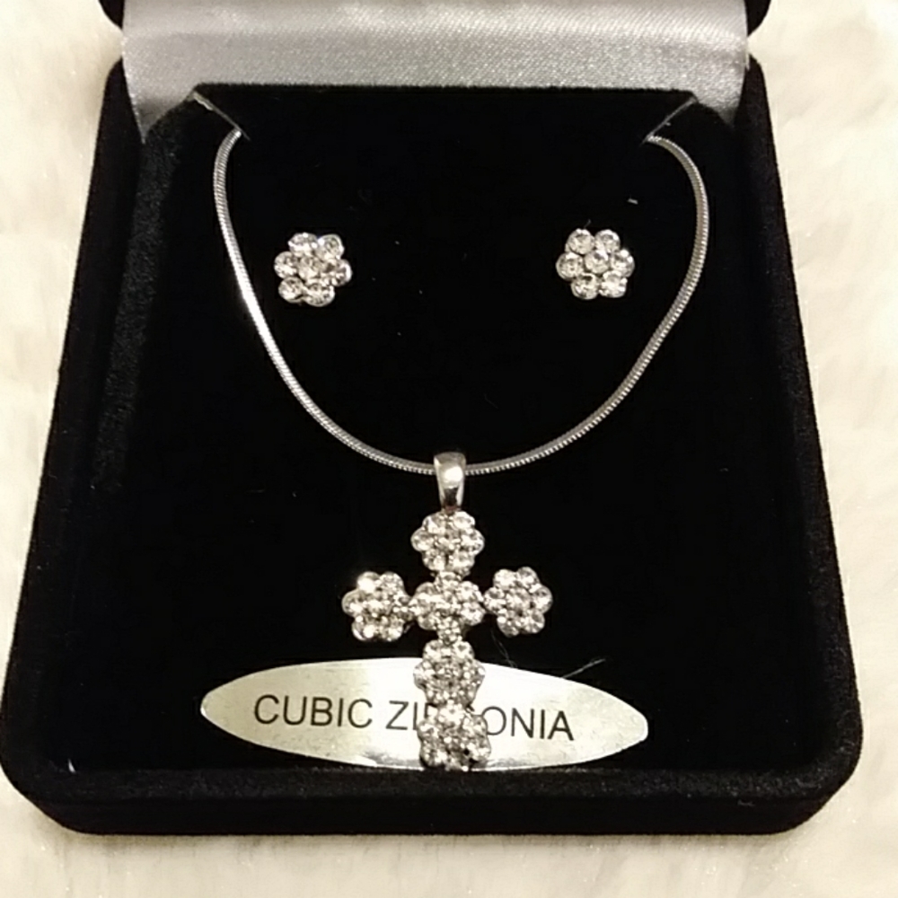 Cubic Zirconia Necklace, Cross Chram & Earring Set